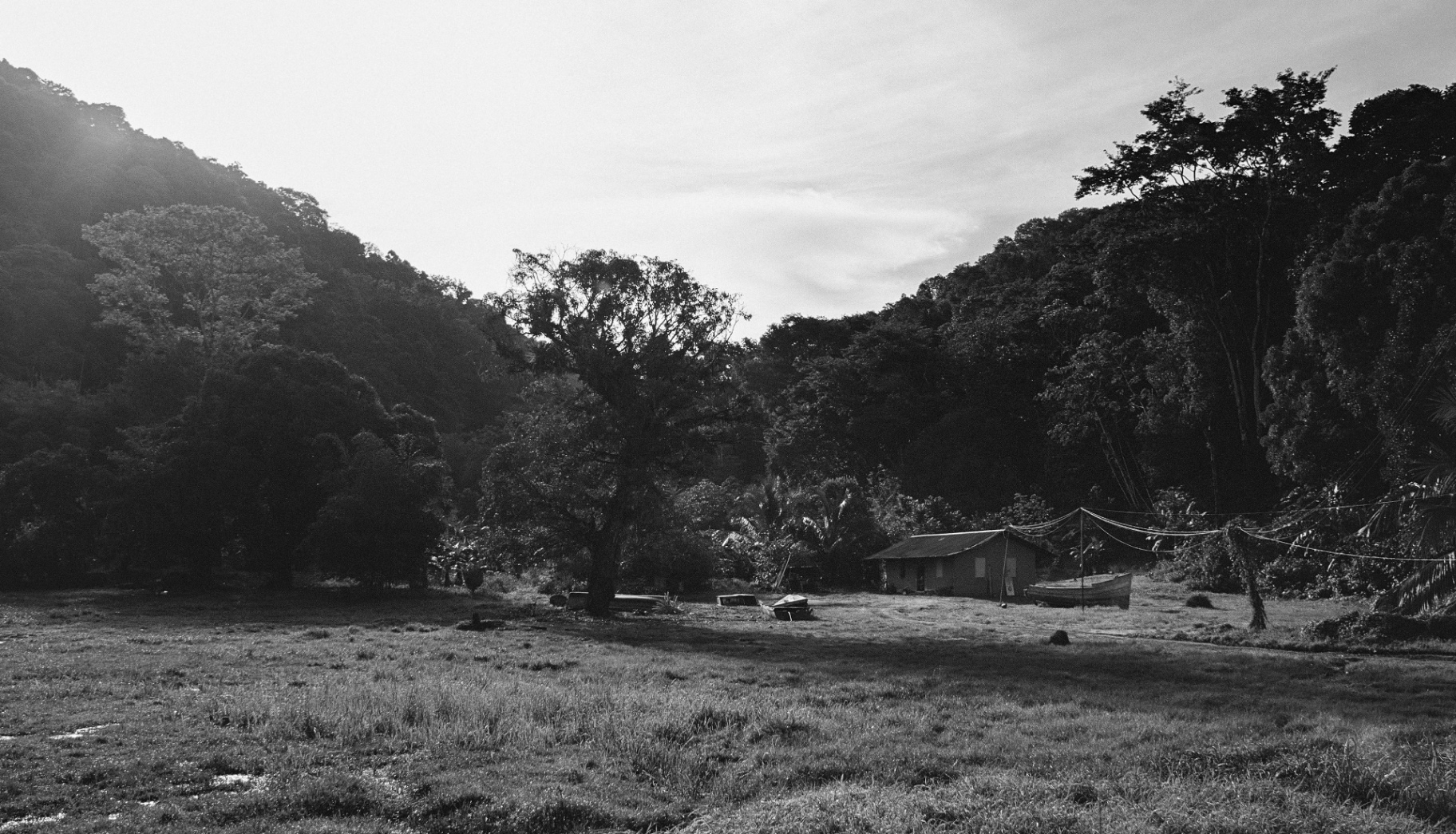 Schwarzweißlandschaft mit Haus, Bäumen und Booten am Waldrand in Costa Rica